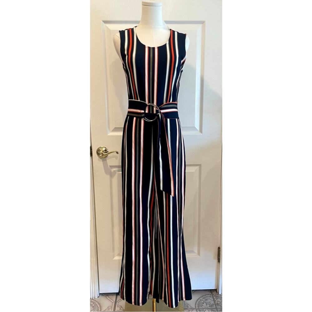 205 Collins Striped Wide-Leg Jumpsuit Sleeveless O-Ring Belted Jumper Size M